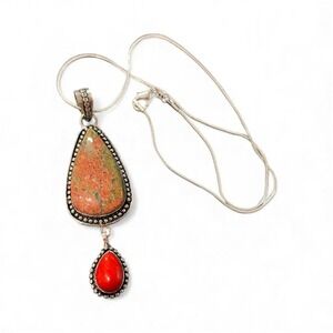 Handcrafted silver plated unakite and red coral pendant with silver plated chain